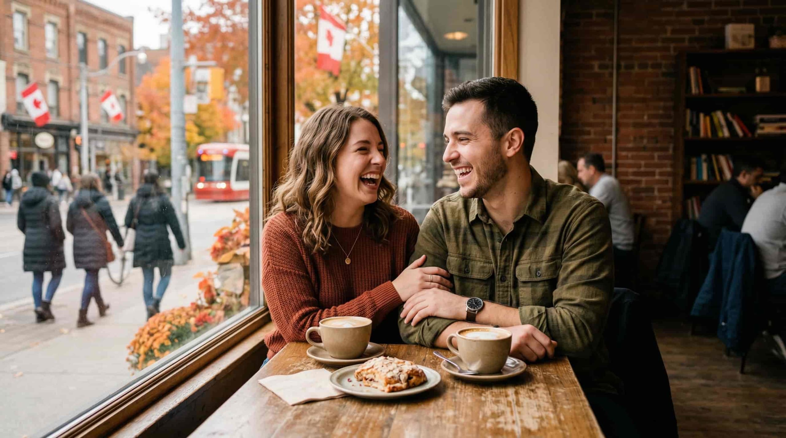 333 angel number meaning in love — couple laughing together over coffee at a cozy Canadian café